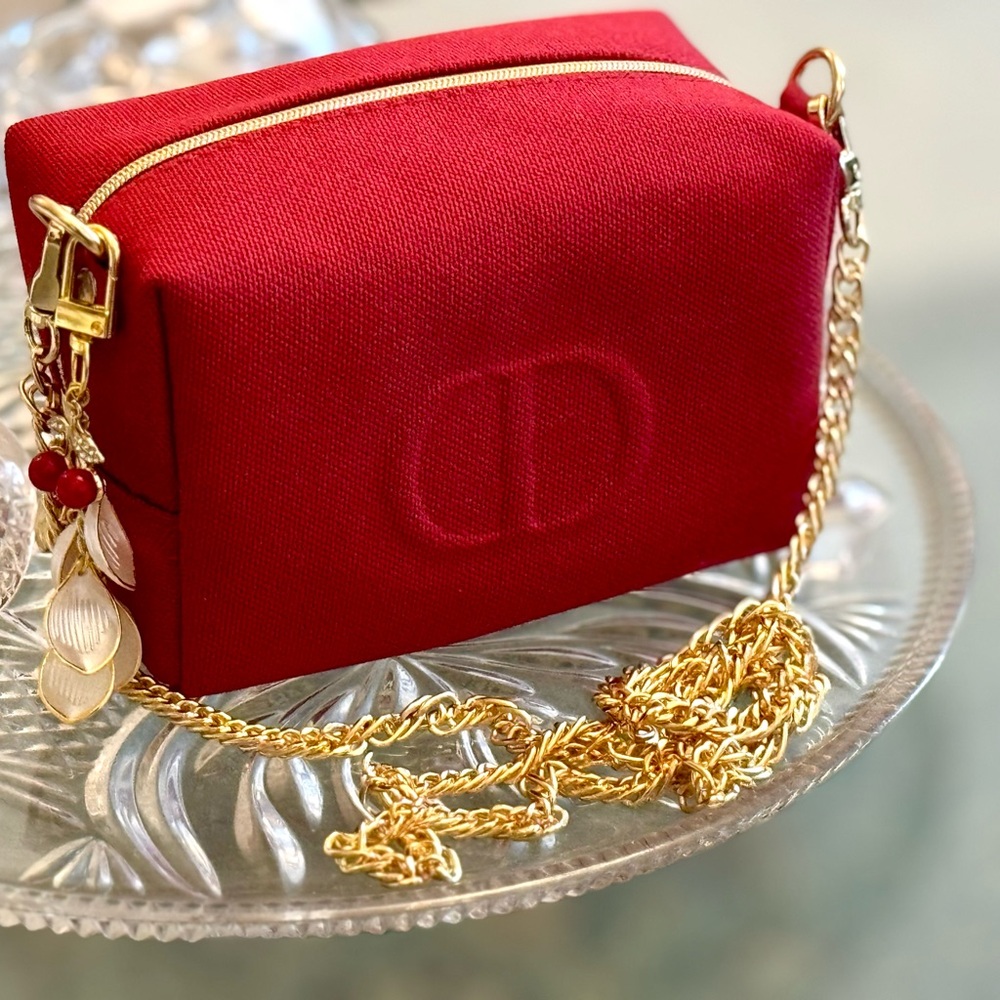 With Charm ;Dior Vibrant Red Canvas Cosmetic Sling with rich gold chain - Picture 5 of 17